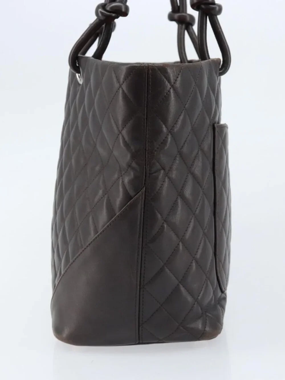 CHANEL Cambon Line Matelasse Tote Bag Leather Brown Silver CC Auth 170655